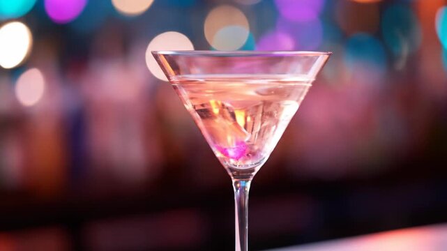 Martini cocktail in glass stemware at bar with bokeh lights background