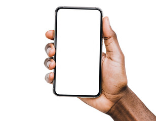  Hand holding smartphone mockup as png photo with blank screen isolated on white background. mobile phone hand mockup