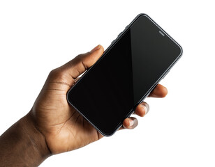   Hand holding smartphone mockup as png photo with blank screen isolated on white background. mobile phone hand mockup 