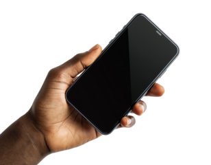   Hand holding smartphone mockup as png photo with blank screen isolated on white background. mobile phone hand mockup 