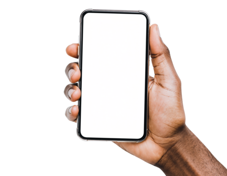 Hand holding smartphone mockup as png photo with blank screen isolated on white background. mobile phone hand mockup - Powered by Adobe