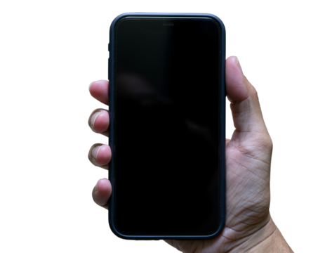  Hand holding smartphone mockup as png photo with blank screen isolated on white background. mobile phone hand mockup 