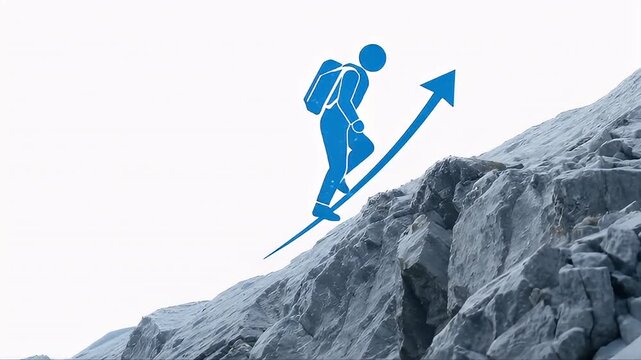 Animated mountain climber icon climbing rocky terrain representing growth and progress