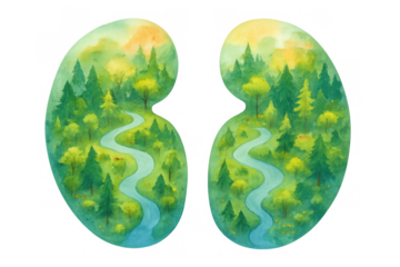 Kidneys with healthy nature landscape filling the organ, showing forest, river, trees, and sky for holistic health and ecology concepts