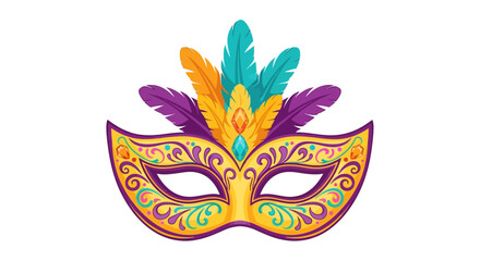 Vibrant mardi gras mask with feathered embellishments and decorative swirls and gem details on a