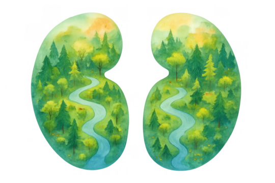 Kidneys with healthy nature landscape filling the organ, showing forest, river, trees, and sky for holistic health and ecology concepts