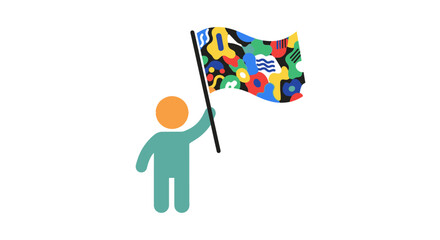 Abstract character confidently holding a flag with vibrant geometric designs waving in the wind