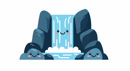 Enchanting Cartoon Waterfall Scene with Adorable Rocks and Sparkling Water Flow