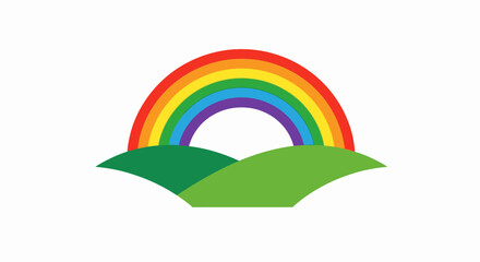 Colorful rainbow arches over vibrant green hills, cartoonish and cheerful illustration