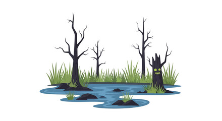 Eerie cartoon swamp landscape with gnarled trees, still water and sinister stump character evoking