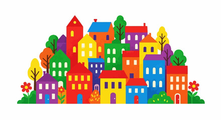 Vibrant neighborhood illustration with colorful houses, trees and flowers, a charming village