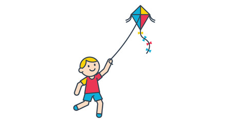 Illustration of a cheerful kid enjoying outdoor activity flying a vibrant kite in the sky