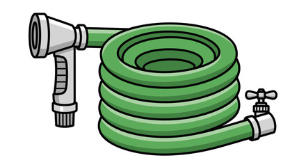 Cartoon illustration of a coiled green garden hose with a spray nozzle and valve