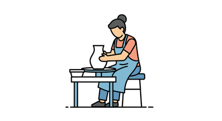 Illustration of a serene woman artist shaping clay on a pottery wheel in her studio