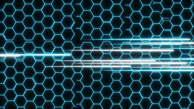 Abstract Hexagonal Grid with Moving Light Streaks in Blue Tones