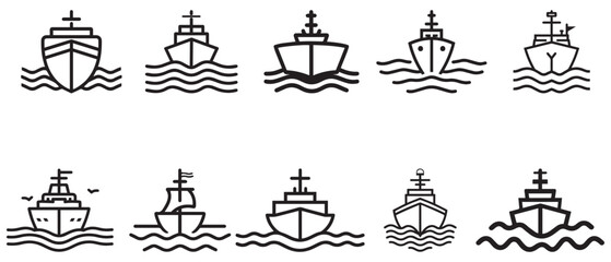 Fototapeta premium Boat sea black icon outline cargo cruise design.