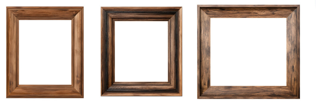 Three tall wooden picture frames with white backgrounds