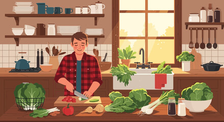 A serene illustration depicting a person preparing fresh vegetables in a kitchen