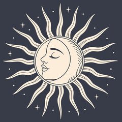 Celestial Sun and Moon Face with Starburst Rays and Stars cosmic