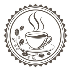 Retro Coffee Emblem with Cup Beans and Leaves Keywords: coffee, cup, mug, hot drink, beverage