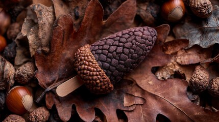 A close up of an acorn popsicle on a bed of autumn leaves and nuts in a warm brown color palette