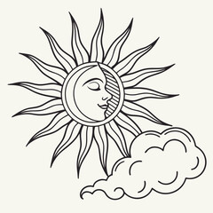 Celestial Sun Face with Crescent Moon and Cloud Line Art vector illustration