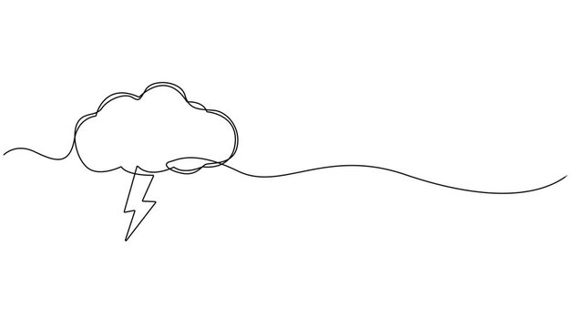 Thunderstorm cloud continuous one line drawing animation, Self drawing animation of single continuous line draw flashing thunderbolt with heavy cloud in the sky. Daily natural weather phenomena