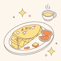 Cartoon Breakfast Scene with Omelette Coffee and Fruit food