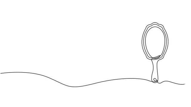 mirror continuous one line drawing animation, Animated Hand mirror in continuous one line drawing style minimalist black and white illustration, full length one line animation, self drawing a tabletop