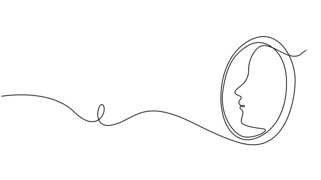 mirror continuous one line drawing animation, Animated Hand mirror in continuous one line drawing style minimalist black and white illustration, full length one line animation, self drawing a tabletop