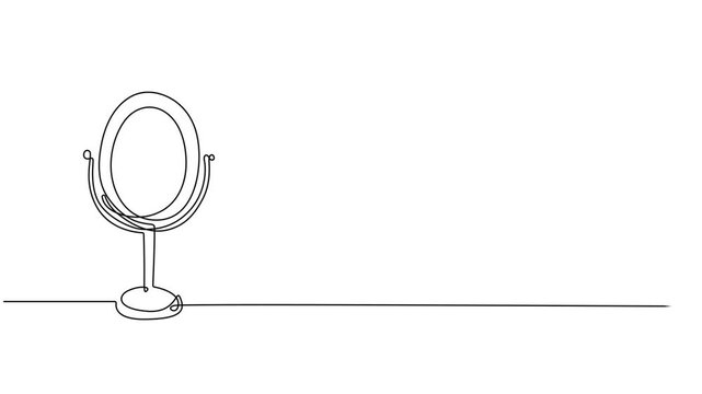 mirror continuous one line drawing animation, Animated Hand mirror in continuous one line drawing style minimalist black and white illustration, full length one line animation, self drawing a tabletop