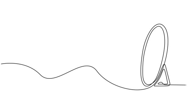 mirror continuous one line drawing animation, Animated Hand mirror in continuous one line drawing style minimalist black and white illustration, full length one line animation, self drawing a tabletop