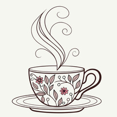 Decorative Teacup with Floral Design and Swirling Steam Keywords: tea, coffee, cup, teacup
