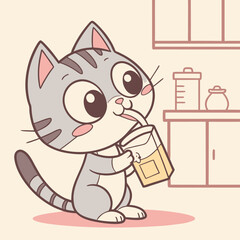 Gray Cat Drinking Juice From Carton with Straw in Kitchen kitten