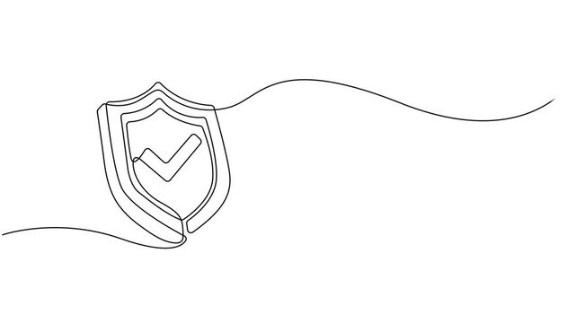 Sheild animation continuous one line drawing, Video. A shield drawn in one continuous line. Protection sign concept. Animation on white background 4K, animation of a continuous lock drawing with one.