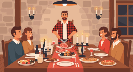 Festive family gathering at Thanksgiving dinner with father carving the meat