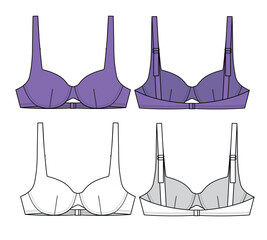 Padded bra front and back view flat sketch vector mockup template.