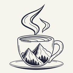 Outline Drawing Of Coffee Cup With Mountain Scene And Steam mountains landscape