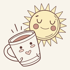 Content Coffee Cup Character Next to a Sleeping Sun Character characters cute
