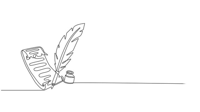 Animated self Continuous one line drawing of Scroll with inkwell and feather. Minimalist art conveying vintage writing and history. Video clip with alpha channel, Full length one line animation. 4K.