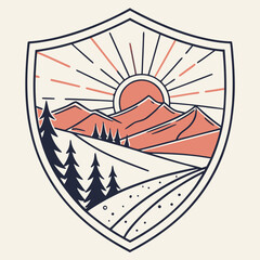 Mountain Landscape Emblem with Sun and Trees Keywords: emblem, shield, mountain, landscape, sun