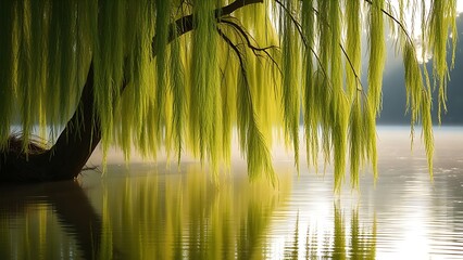 drooping. Weeping willow branches drooping over a calm water surface at morning. gardening catalogs, home-decor guides, designed for gardening and botanical catalogs, promotes healthy living.