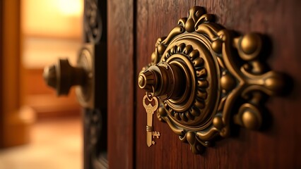 ajar. Golden key entering ornate lock, door ajar, symbolic moment. lifestyle magazines, social media lookbooks, designed for influencer and brand collaborations, used by travel agents.