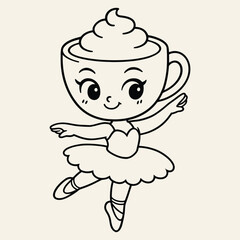 Obraz premium Whipped Cream Cup Ballerina Character Heart Bodice, Tutu, Ballet Pose Black Line Art Cartoon Illustration