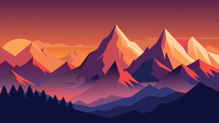 Stunning mountain range bathed in vibrant sunset hues, evoking adventure and natural beauty