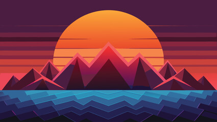 Vibrant retro sunset over geometric mountains reflects in stylized water creating a stunning, abstract landscape perfect for design.