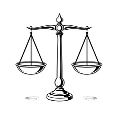 Illustration of a balanced scales of justice with two pans and a central stand in black outline style