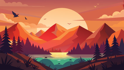 Stunning geometric mountain landscape at sunset with vibrant colors and tranquil lake, evoking adventure and serenity
