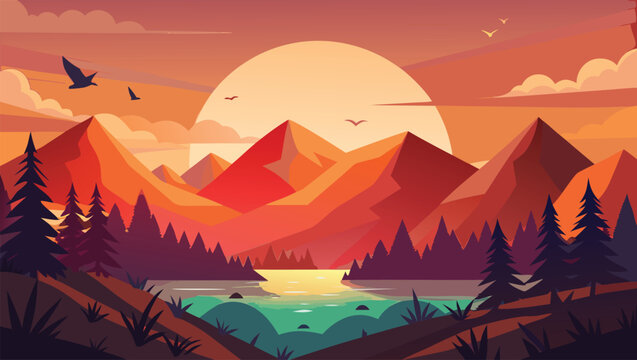 Stunning geometric mountain landscape at sunset with vibrant colors and tranquil lake, evoking adventure and serenity