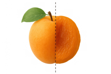 Apricot aging process showing fresh fruit transforming into wrinkled dried fruit, transparent background